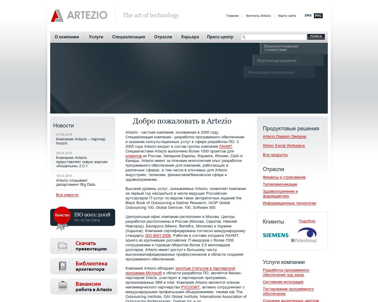 Изображение сайта artezio.ru в разрешении 1280x1024